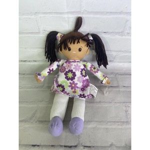 Homespun RagTyme Plush Cloth Rag Doll Brown Hair Purple Floral Flowers White